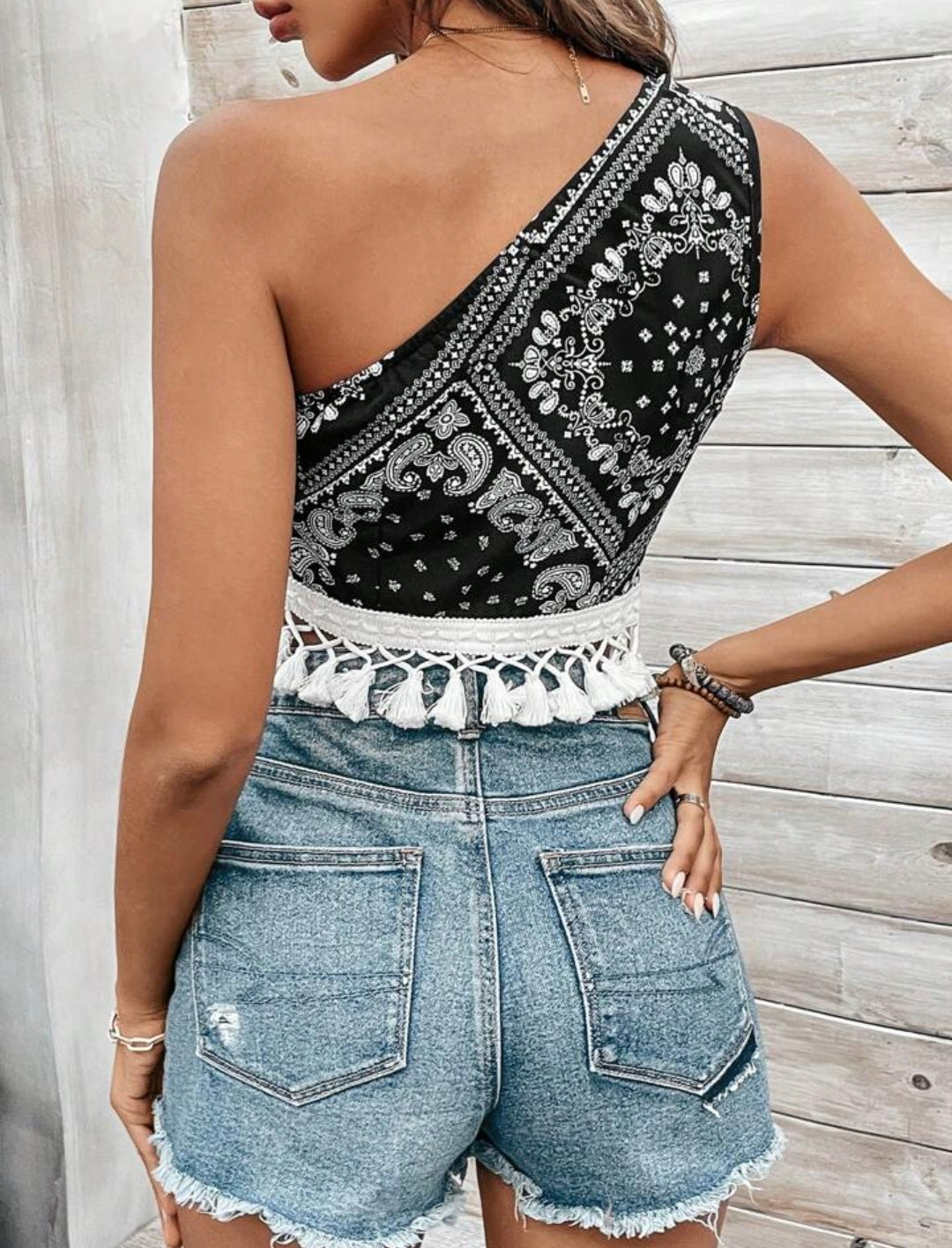 Bandana Print One Shoulder Fringe Top