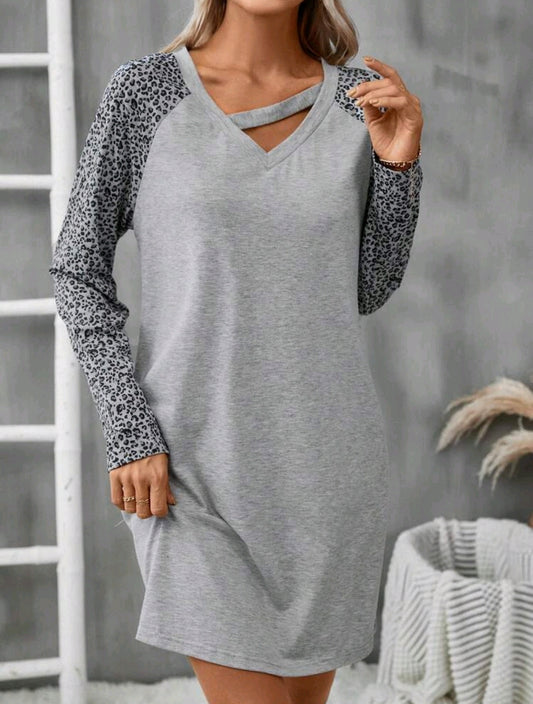 Casual Gray Leopard Print Long Sleeve Dress