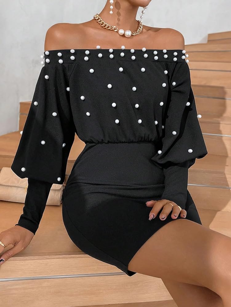 Pearl Beaded Off Shoulder Long Dress