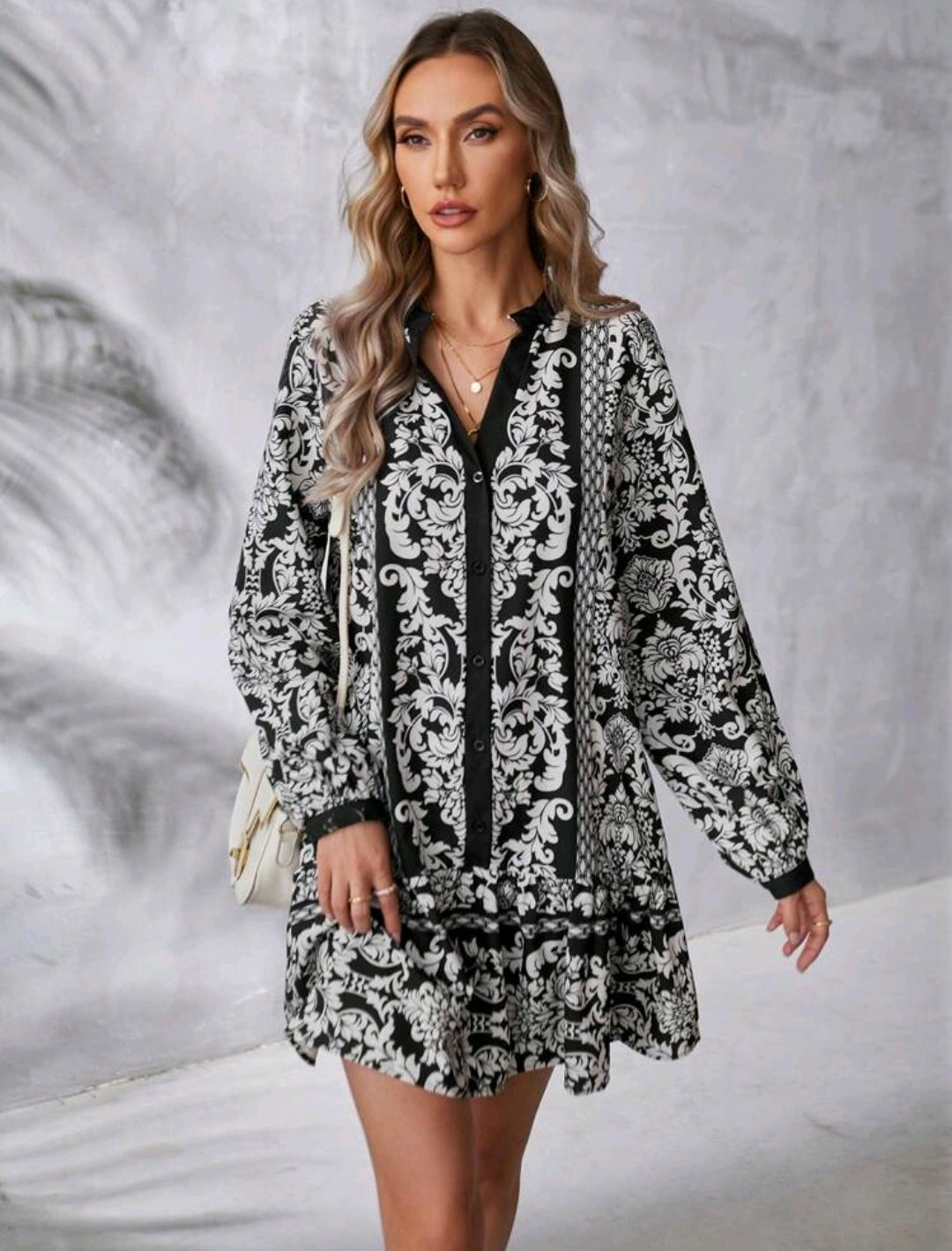 Monochrome Full Floral Print Ruffle Hem Dress