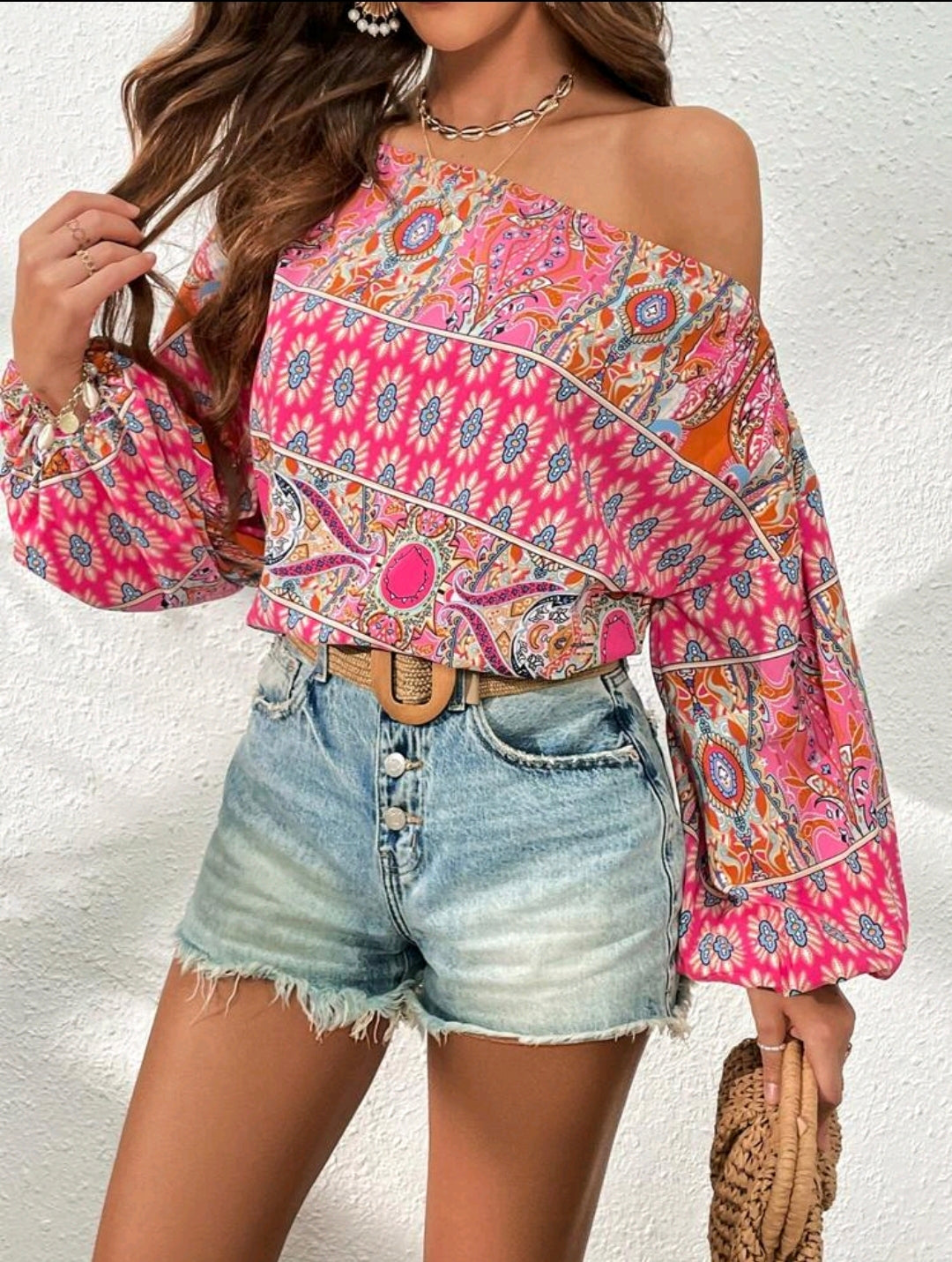 Pink Floral Print Asymmetric Lantern Sleeve Blouse