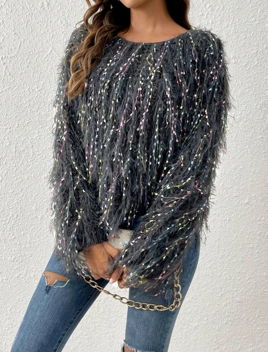 Grey Multicolour Space Dye Fuzzy Trim Batwing Sweater