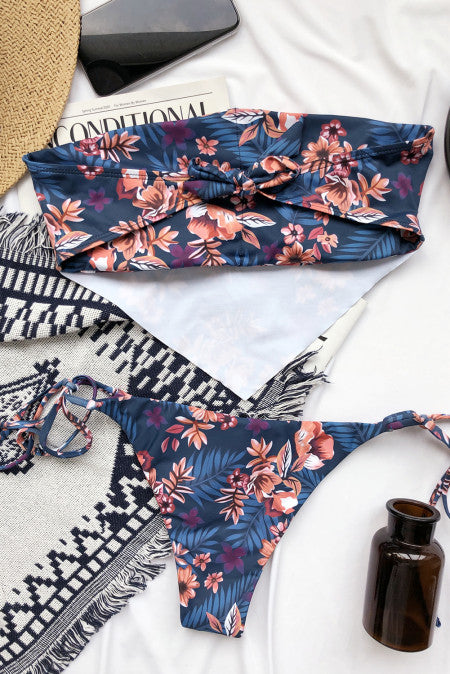 Floral Hanky Hem Bandeau Tie Side Bikini Swimsuit