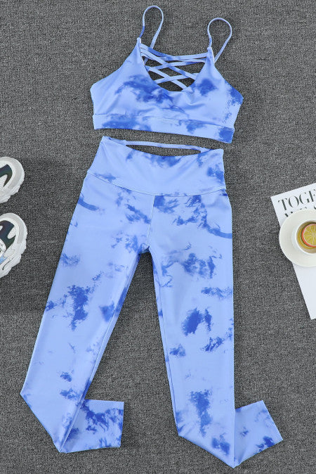 Blue Tie-dye Crisscross Sports and Leggings Set