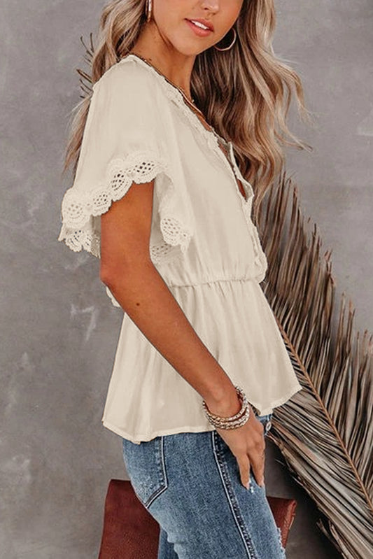 Apricot Lace Splicing V Neck Short Sleeve Blouse