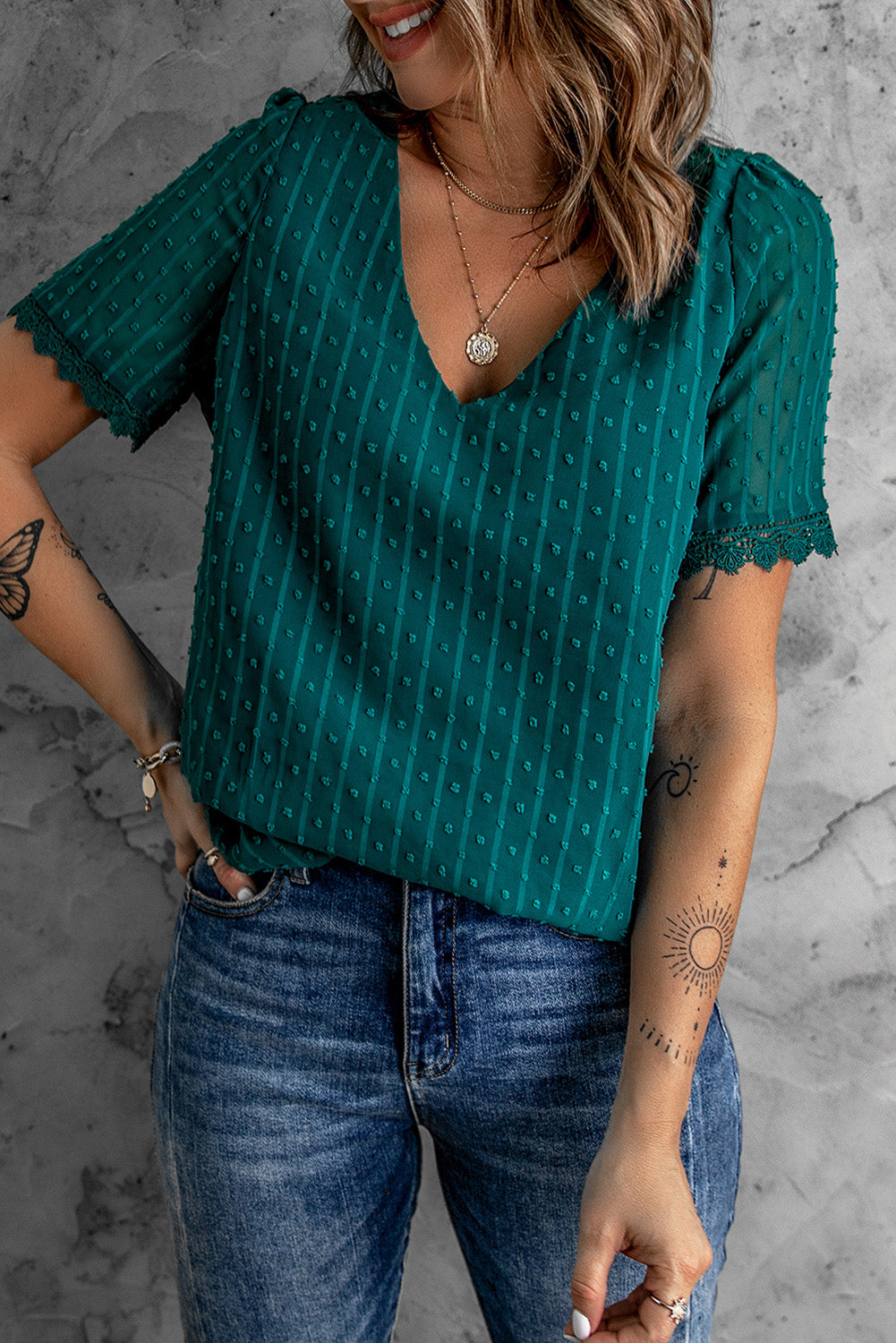 Swiss Dot Lace V Neck Shirt