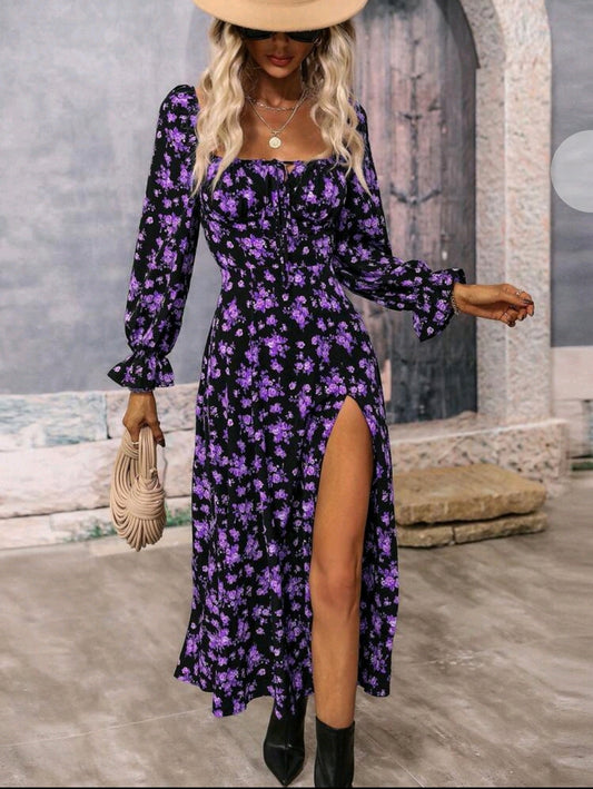 Purple Floral Print Square Neck Slit Dress