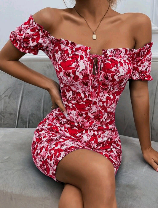 Red Floral Print Off Shoulder Bodycon Dress