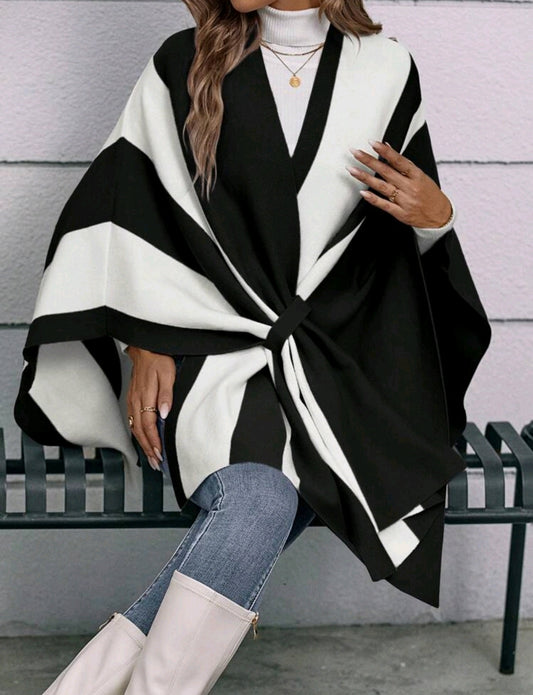 Monochrome Two Tone Cloak Sleeve Asymmetrical Hem Cardigan