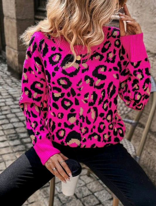 Pink Leopard Print Drop Shoulder Sweater