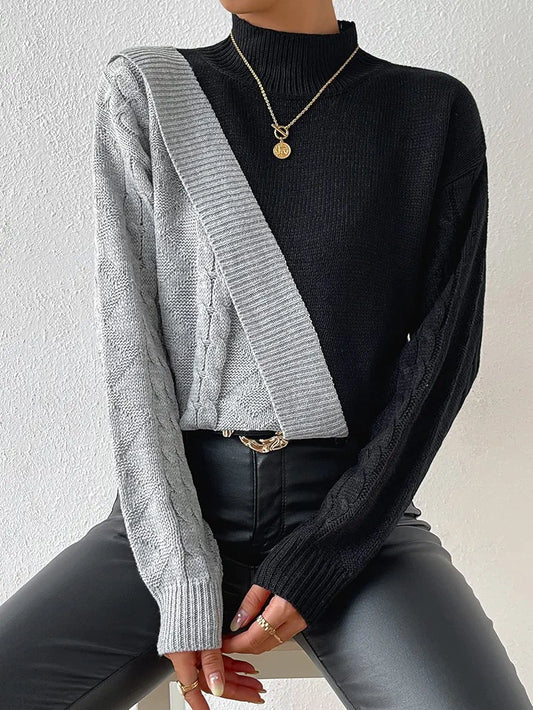 Two Tone Mock Neck Cable Knit Jersey