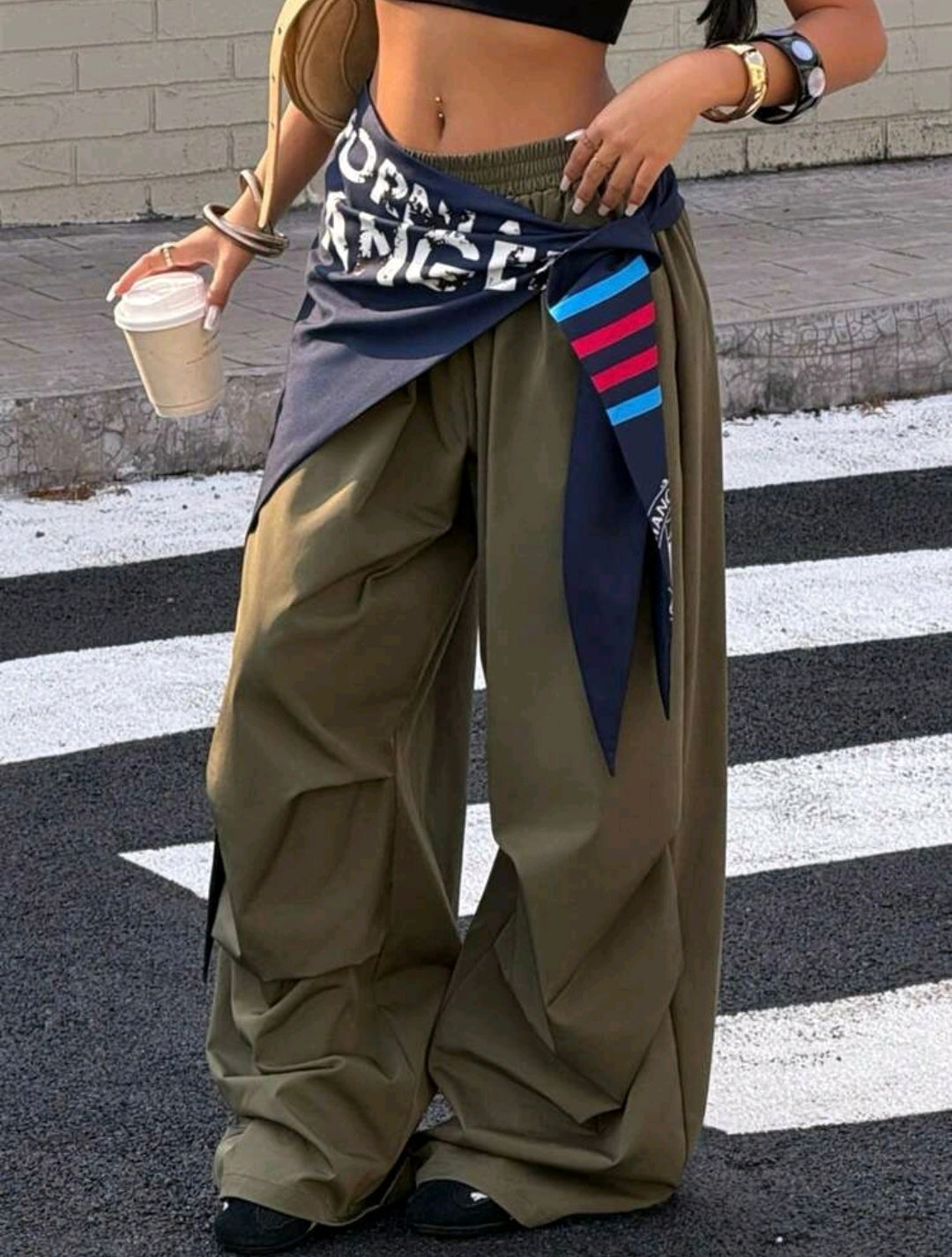 Retro American Style Scarf Tie Loose Fit Wide Leg Pants