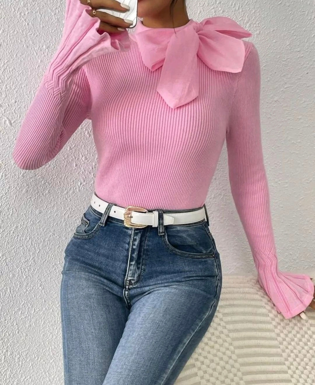 Pink Bow Neck Flare Sleeve Jersey