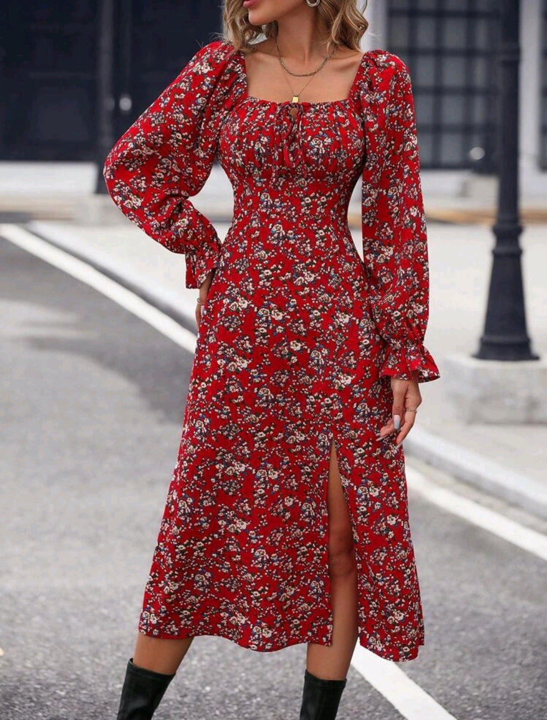 Red Floral Print Flare Sleeve Dress