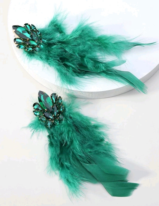 Green Feather and Rhinestone Lux Earrings