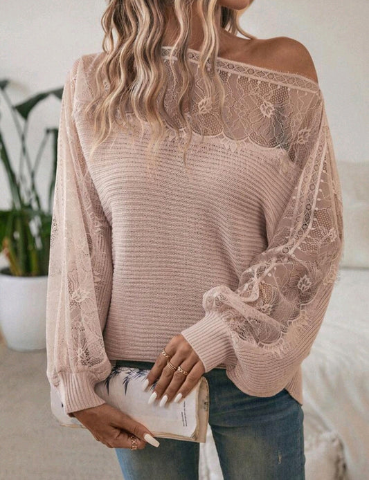 Dusty Pink Lace Trim Boat Neck Batwing Sweater