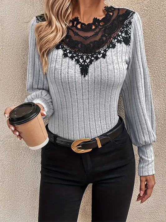 Grey Lace Patchwork Lantern Sleeve Long Sleeve Top