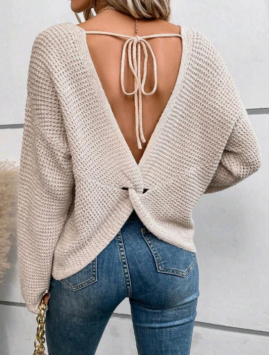 Beige Twist Tie Backless Drop Shoulder Sweater