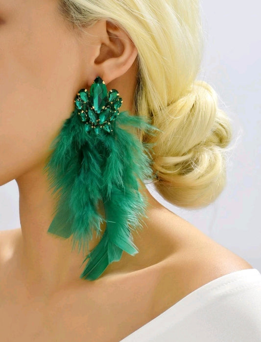 Green Feather and Rhinestone Lux Earrings