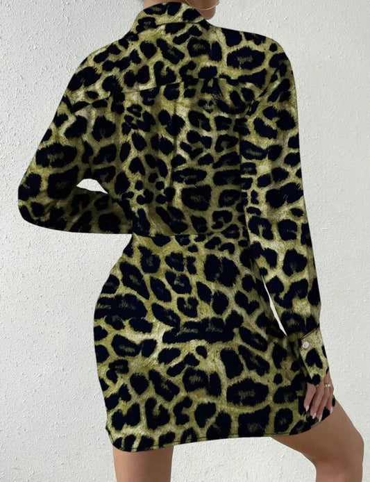 Green Irregular Hem Leopard Print Long Sleeve Dress