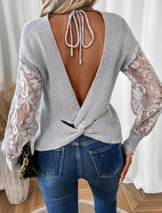 Grey Twist Back V Neck Lace Sleeve Sweater