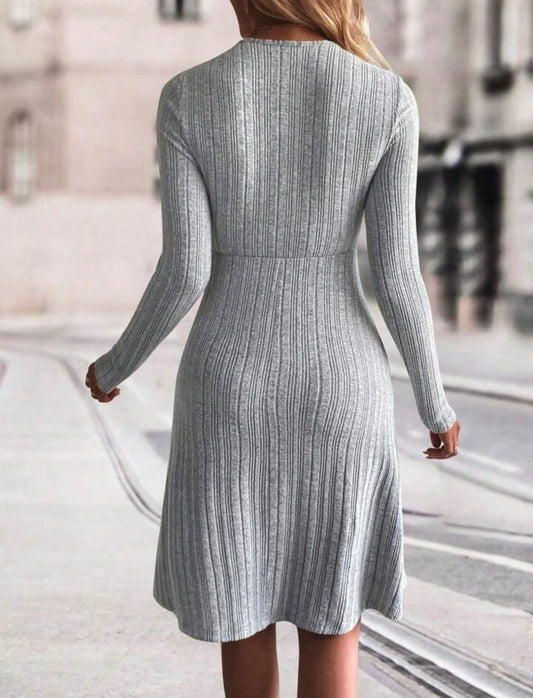 Grey Rib Knit Wrap Cross Over Dress