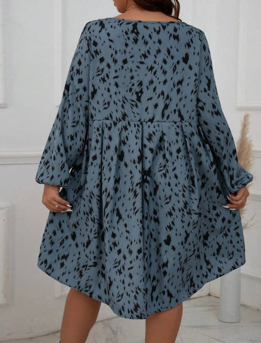 Blue Plus Size Leopard Print Round Neck Long Sleeve Dress
