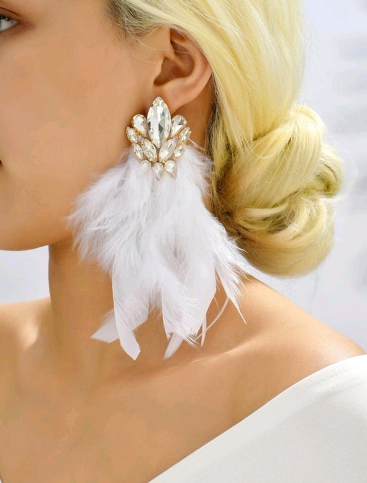White Feather and Rhinestone Lux Earrings