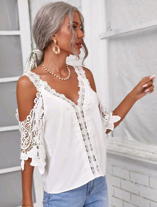Cold Shoulder Lace Sleeve Blouse