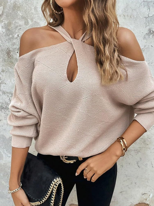 Stone Cold Shoulder Cut Out Twist Knit Sweater