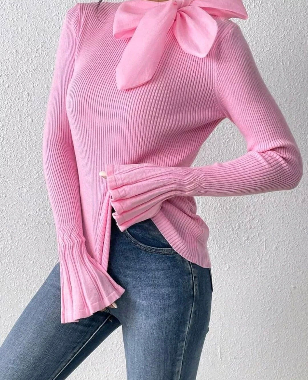 Pink Bow Neck Flare Sleeve Jersey