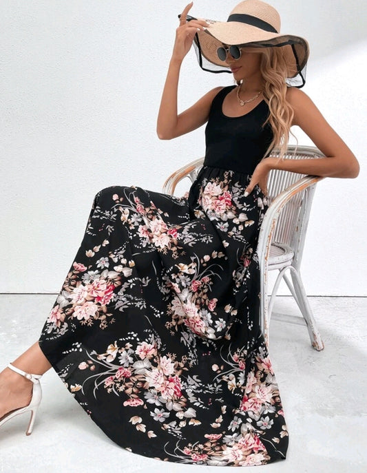 Scoop Neck Floral Print Maxi Dress (without belt)