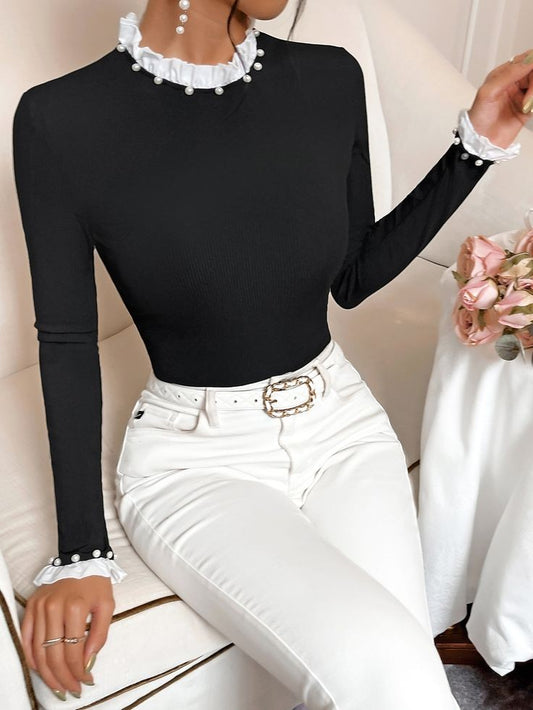 French Contrast Pearl Trim Long Sleeve Ribbed  Top