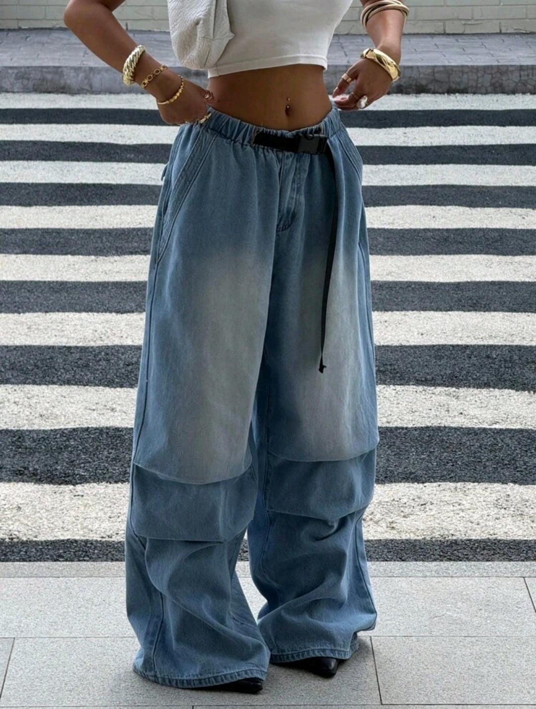Buckle Waist Belt Pleated Wide Leg Loose Denim Pants