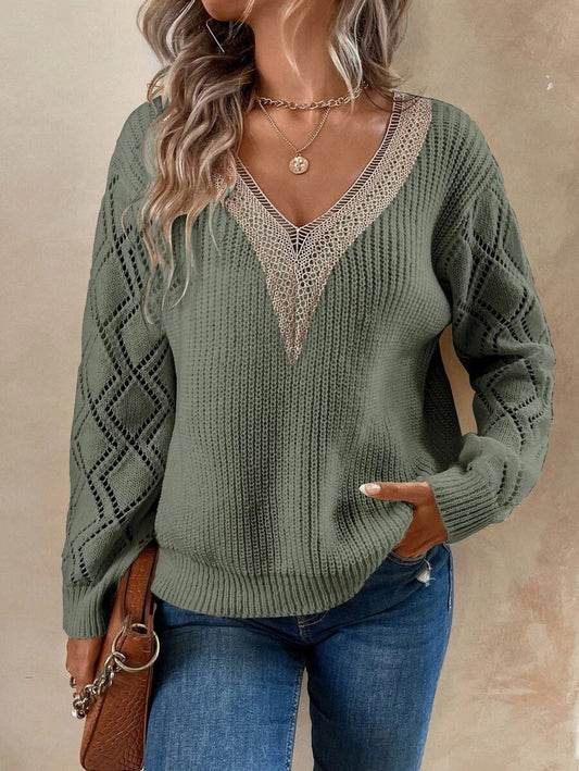 Green Guipure Lace Panel Pointelle Knit Long Sleeve Sweater