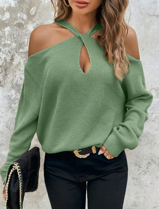 Green Cold Shoulder Cut Out Twist Knit Sweater