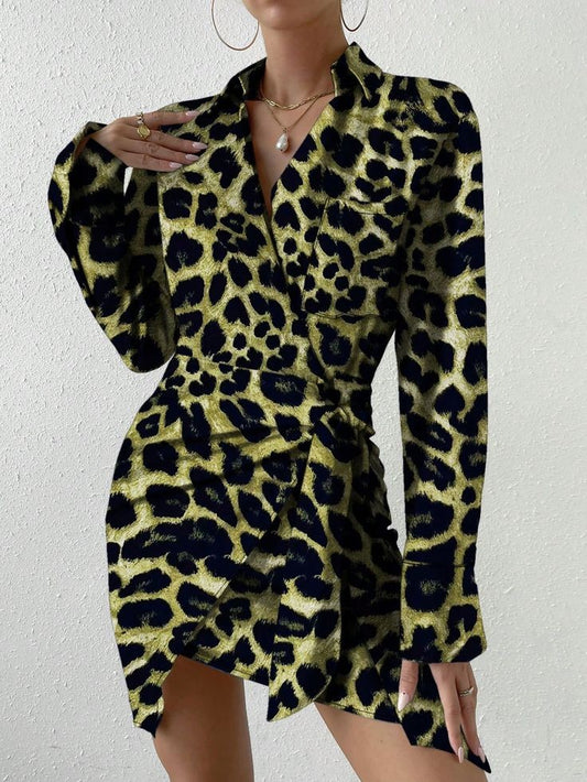 Green Irregular Hem Leopard Print Long Sleeve Dress