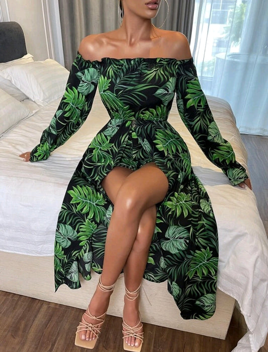 Tropicali Flounce Sleeve Off The Shoulder Overlay Romper