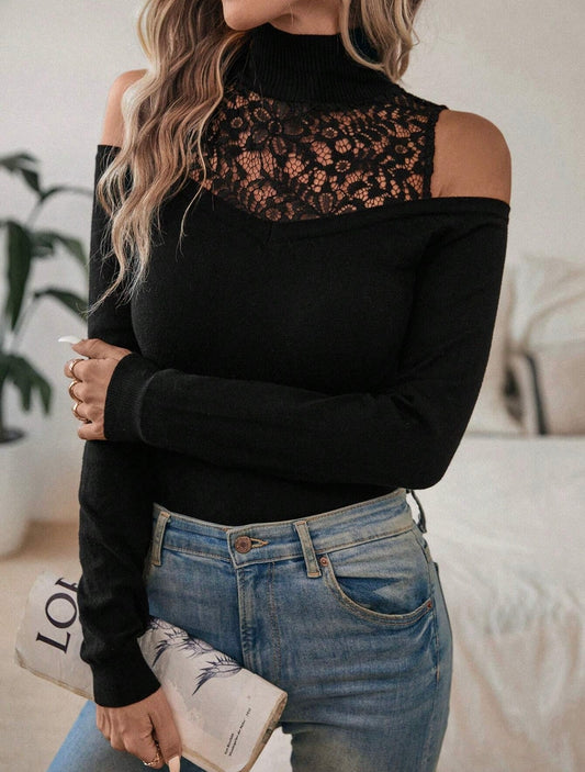 Black Contrast Lace Cold Shoulder Sweater