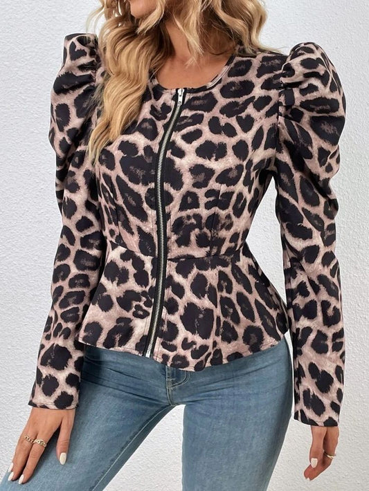 Leopard Print Puff Sleeve Zip Up Jacket
