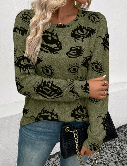 Green Eye Print Long Sleeve Sweater Top