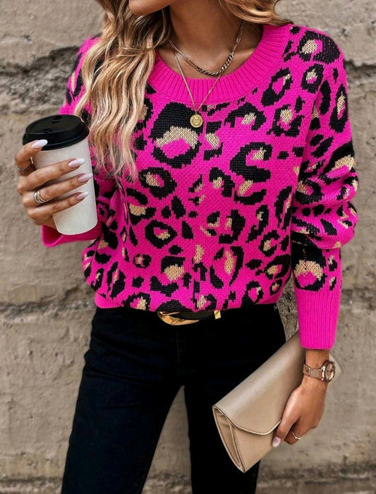 Pink Leopard Print Drop Shoulder Sweater