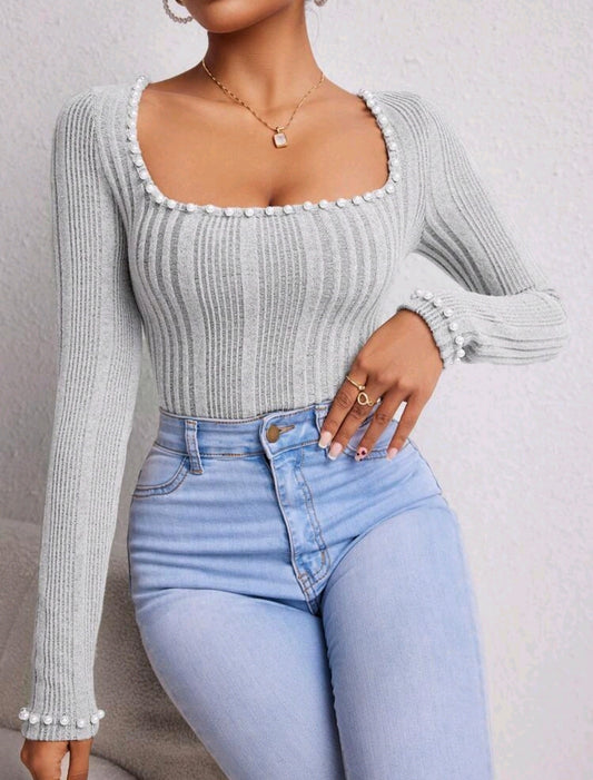Grey Round Neck Pearl Trim Long Sleeve Top
