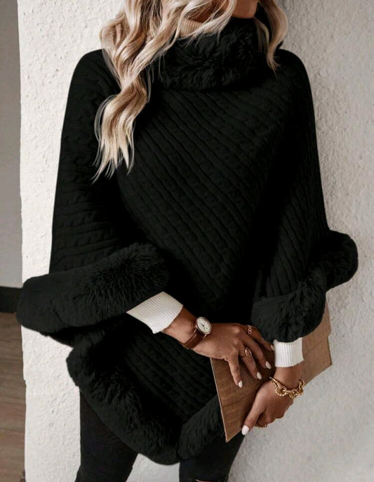 Black Solid Colour High Neck Fuzzy Trim Batwing Sleeve Sweater