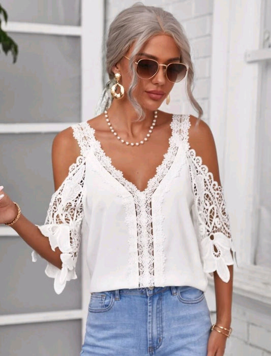 Cold Shoulder Lace Sleeve Blouse