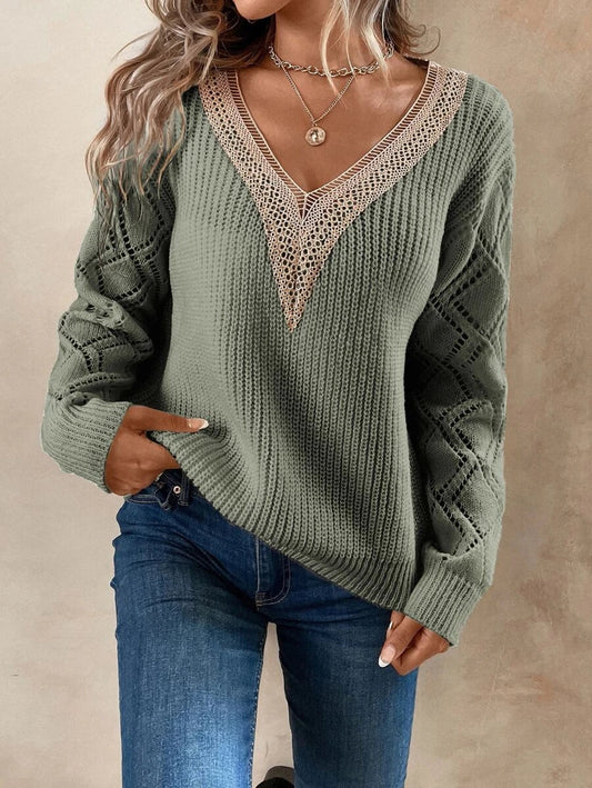 Green Guipure Lace Panel Pointelle Knit Long Sleeve Sweater