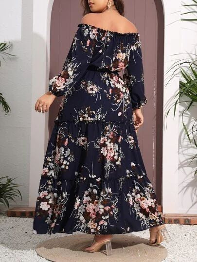 Floral Print Plus Size Off Shoulder Maxi Dress