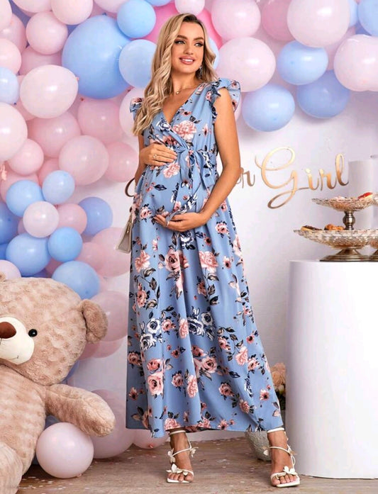 Blue Floral Print Belted Maxi Dress