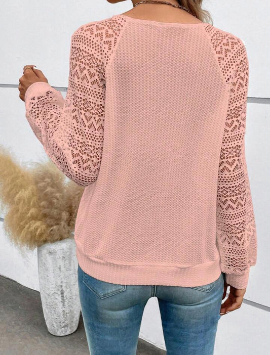 Coral Pink Lace Contrast Long Sleeve Top