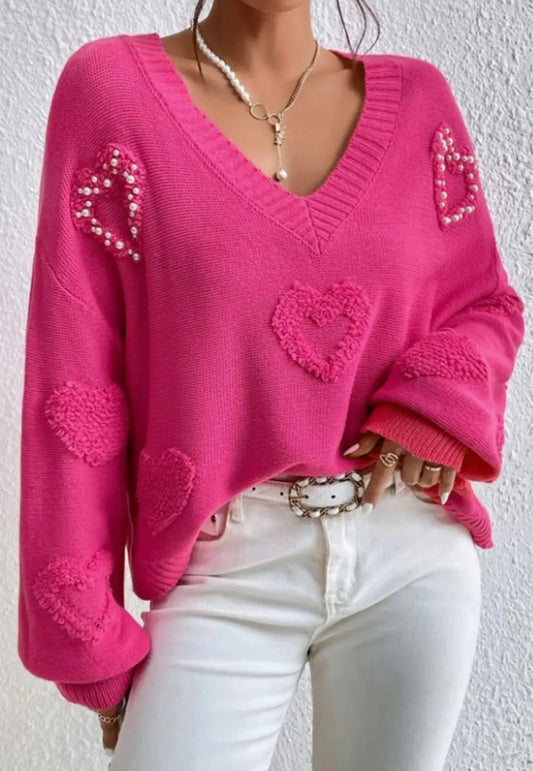 Pink Oversized Pearl Heart V Neck Sweater